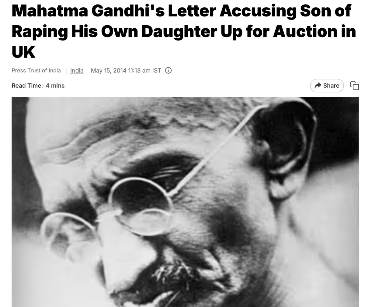 हे मूर्खाधिराज, स्वयं गांधी ने इस्लाम में मतांतरण कर लेने वाले अपने बेटे हरिलाल गांधी (उर्फ़ अब्दुल्ला गांधी) को अपने उत्तराधिकार और पारिवारिक सबंधों से बाहर कर दिया था। गांधी ने अपने पुत्र हरिलाल गांधी पर अपनी ही पुत्री मनुबेन से बलात्कार का आरोप लगाया था। तो क्या गांधी अपना ही