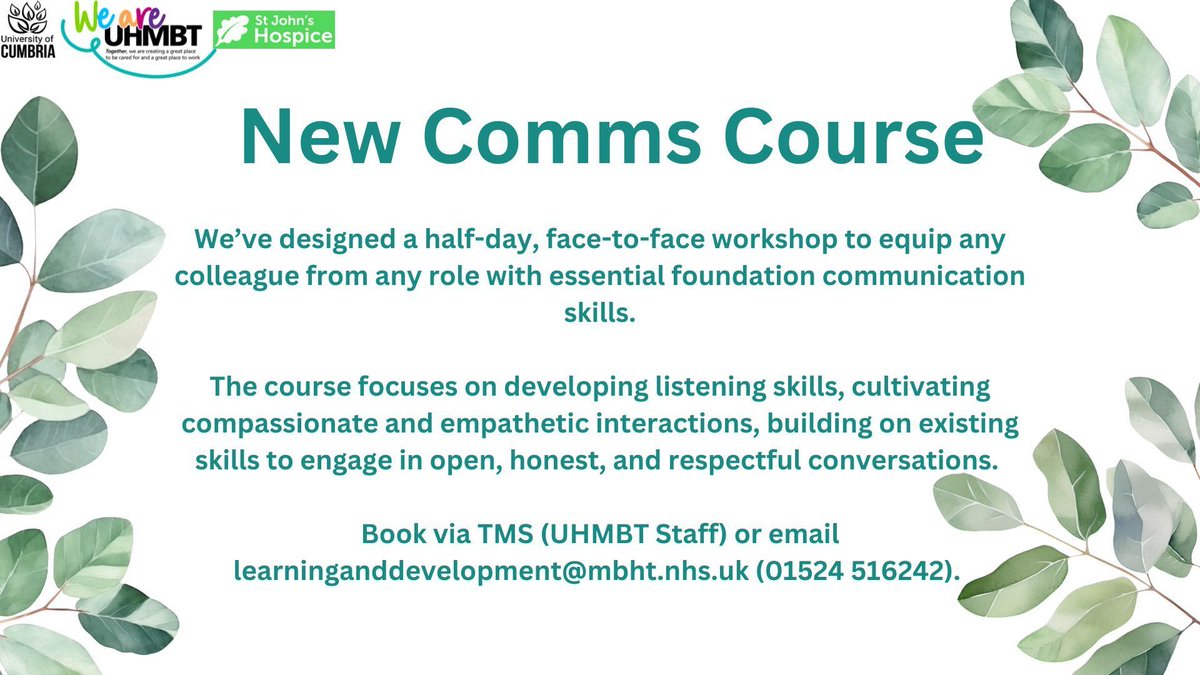 UHMB_LOD's tweet photo. Do you feel like you need more support with developing your listening skills? The new Foundation Skills in Communication Course may help. For all staff - made in partnership with @CumbriaUni 💙 and @SJHospice🍃. #GettingCommsRight #AlwaysLearning https://t.co/u4Mk2HRDAe