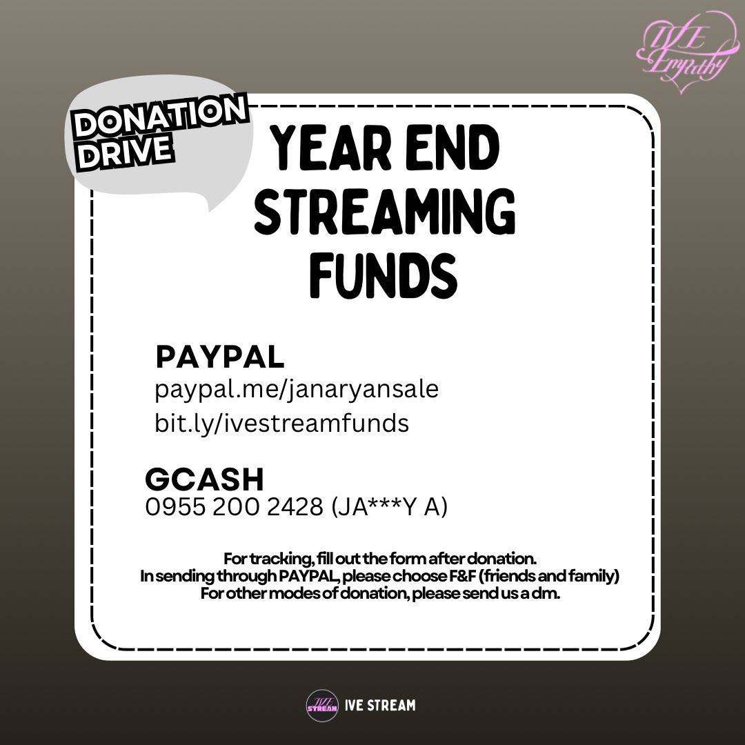 ive_stream's tweet image. [📢] YEAR END AWARDS STREAMING 
DONATION DRIVE 

To boost IVE Digital Points &amp;amp; Global Score for Year End Awards, we are now opening again a Donation Drive for Streaming. 

Funds will be used for the following:
✔️Digital Streaming (Digital Points)
✔️Spotify Premium Giveaway (For…