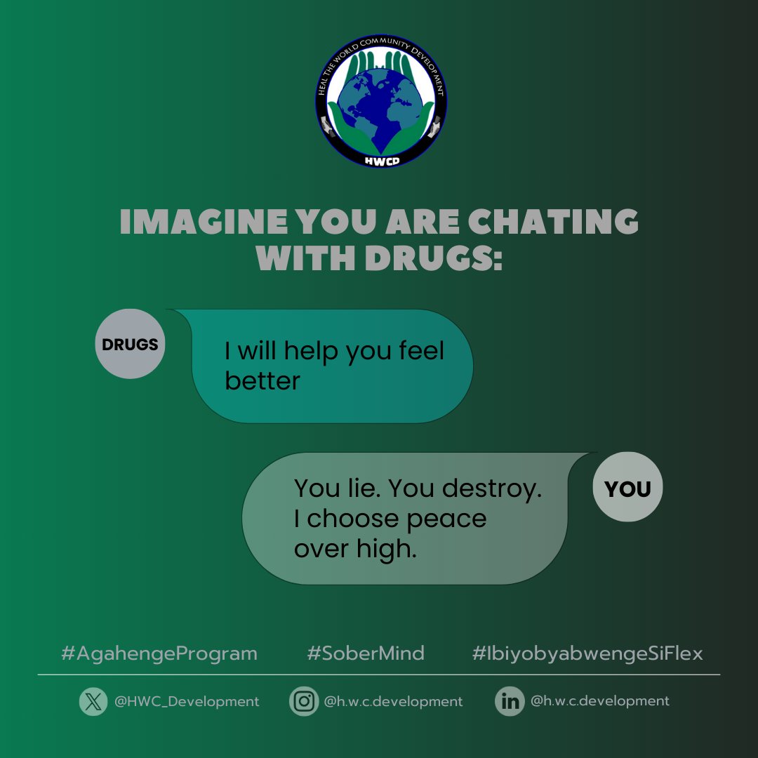 HWC_Development's tweet photo. 🗣️ If drugs could talk:

“I’ll make you feel better.”

But the truth?

They destroy peace. Fake happiness. Waste dreams.

Say no to lies. Choose healing.

@BelenCalvoEU, @Afriyan_rwanda, @A_ThorpeUK, @byukavuba

#AgahengeProgram #SoberMind #IbiyobyabwengeSiFlex https://t.co/8ucbrZSR4Y