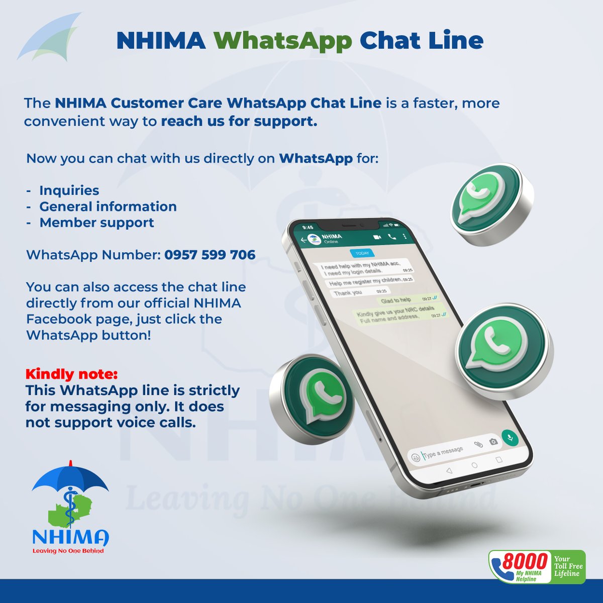 Faced challenges at a health facility under NHIMA? Don’t stay silent.

Report all grievances via WhatsApp at +260957599706 ,including facility name &amp; experience.

Your feedback helps us take action and improve service delivery!