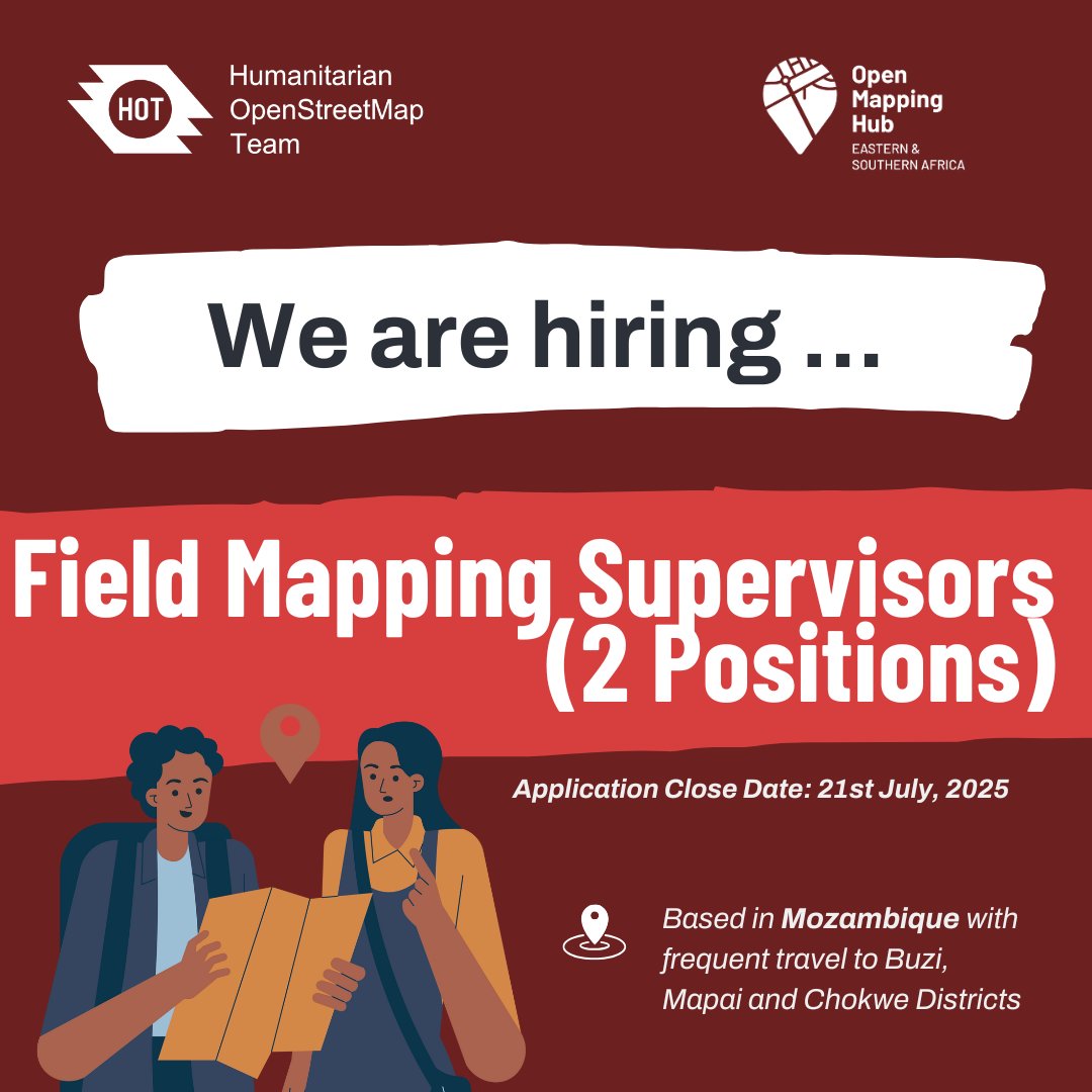 HOT-Eastern & Southern Africa Hub (@openmapping_esa) on Twitter photo ๐ข Job Alert! 
We're hiring 2 Field Mapping Supervisors who are fluent in English and Portuguese and are based in Mozambique (Buzi, Mapai, and Chokwe districts). Read more here.๐๐พ hotosm.bamboohr.com/careers/170
Apply by July 21st! ๐ข Job Alert! 
We're hiring 2 Field Mapping Supervisors who are fluent in English and Portuguese and are based in Mozambique (Buzi, Mapai, and Chokwe districts). Read more here.๐๐พ hotosm.bamboohr.com/careers/170
Apply by July 21st!
