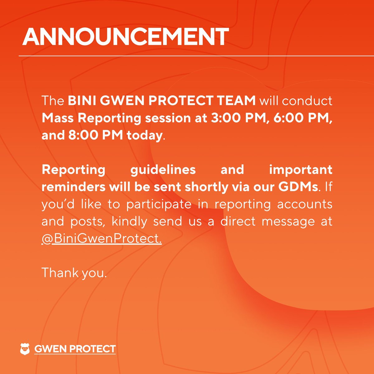 📣 Heads up, Gwen Protectors!

Kindly be informed about our Mass Reporting schedule happening at 3:00PM, 6:00PM, and 8:00PM today.  

Thank you!