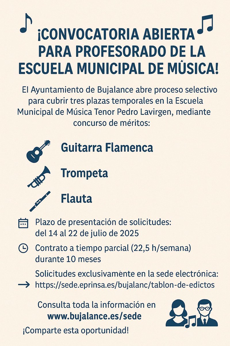 Abierta la convocatoria para la selección de profesorado en la Escuela Municipal de Música “Tenor Pedro Lavirgen” para el curso 2025–2026

#Bujalance #EmpleoPublico

bujalance.es/abierta-la-con…