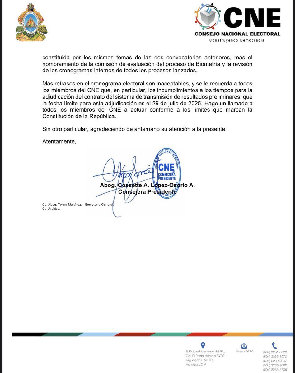 ATENCIÓN | Presidenta del Consejo Nacional Electoral (CNE), Cossette López, convoca a consejeros propietarios, Ana Paola Hall y Marlon Ochoa a sesión de Pleno a las 3:00 pm este lunes 14 de julio. 

Agrega que de no asistir Ochoa (por su ausencia en las últimas convocatorias)