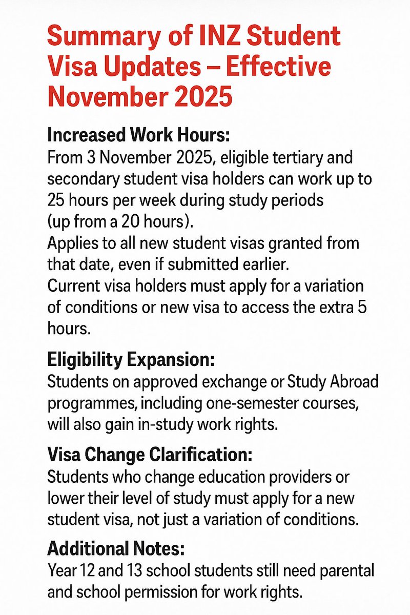 advisorOSA's tweet image. 📰 News:INZ #Student Visa Changes – Nov 2025

INZ student visa updates take effect Nov 2025 🇳🇿
✔️ 25 work hrs/week
✔️ Exchange &amp;amp; study abroad eligible
✔️ New visa needed for study changes

#NZVisa #StudyInNZ #InternationalStudents #StudyAbroad #study #education #Immigration #visa