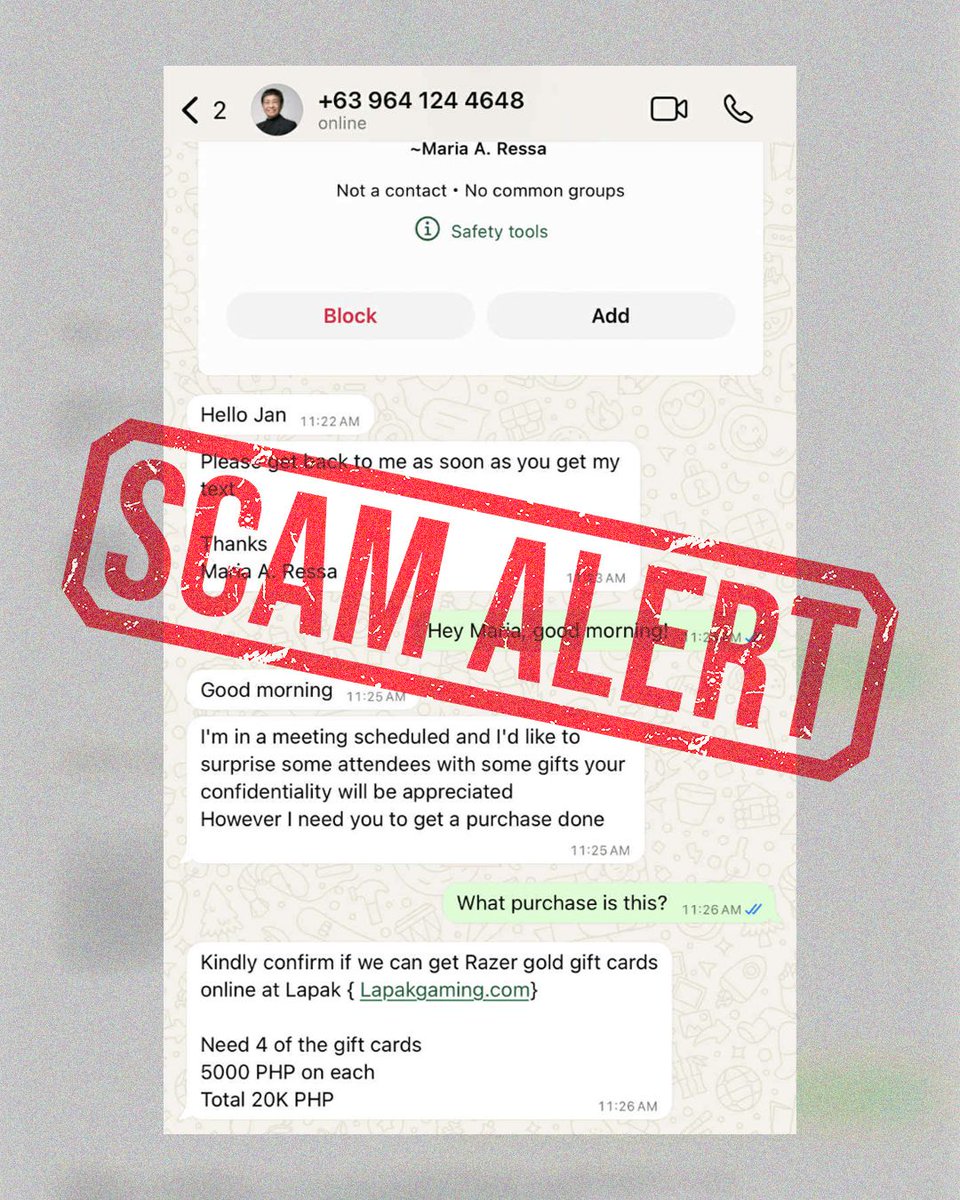 #SCAMALERT: BEWARE OF MESSAGES IMPERSONATING MARIA RESSA

Please be on alert when receiving messages that claim to be from Rappler CEO Maria Ressa on messaging apps. A message with the number +63 964 124 4648 is NOT affiliated and authorized with Maria or Rappler.

Maria Ressa