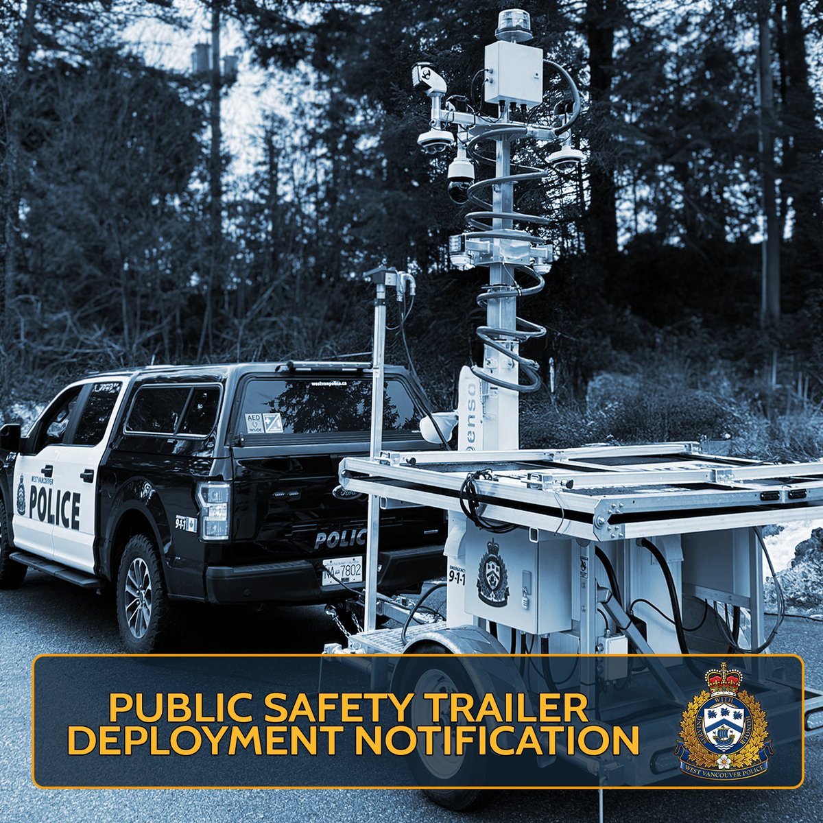 WestVanPolice's tweet image. The #WVPD Public Safety Trailer has again been temporarily deployed in the 800 block of Marine Dr (the north parking lot of Park Royal South), starting on July 13th, 2025.
This mobile monitoring unit is strategically placed on a temporary basis to deter criminal activity and,…