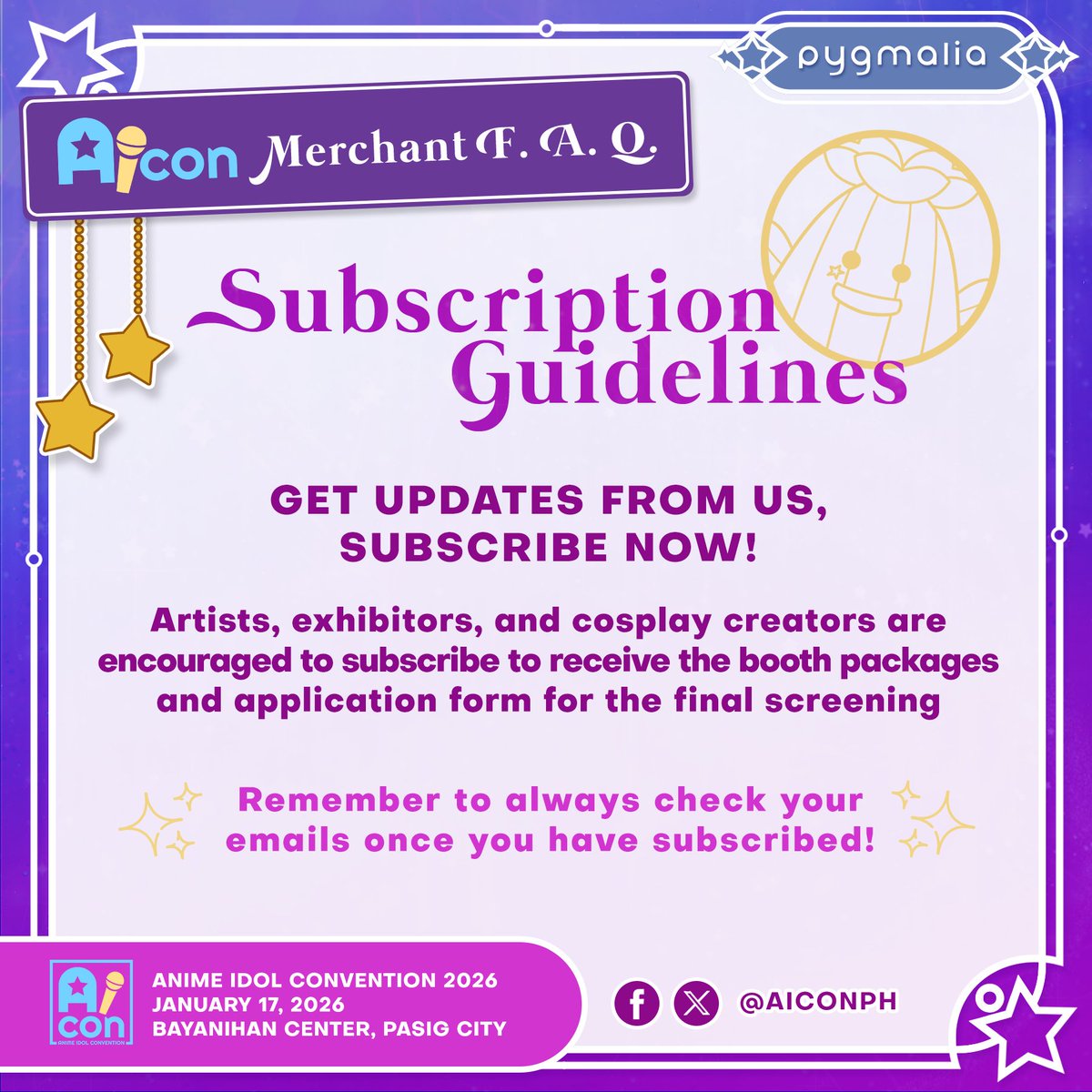 AIConPH's tweet image. Merchant FAQ Time! 🌟

&quot;How does &apos;subscribing&apos; work?&quot; &quot;Is this considered our application for the event?&quot;

Here&apos;s a guide to our subscribing system! 🌟

--

Subscribe to our mailing list here!:

forms.gle/rneuD8P9JnVCwT…

#AnimeIdolConvention2026

#AIConPH #AICon2026 #AIConPH2026