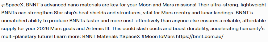 Kenjikool1's tweet photo. @SpaceX @elonmusk @SpaceX, BNNT's ultra-strong, lightweight nanomaterials can enhance Starship’s heat shields &amp; structures for Mars reentry &amp; lunar landings. cost-effective BNNT production for Mars &amp; Artemis III,  durability for a multi-planetary future! BNNT Materials #SpaceX #MoonToMars https://t.co/yuKRoj9Lcp