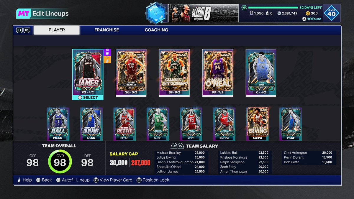 Current squad. Having a lot of fun with Chet at the 3 off the bench. Also, GOAT Beasley by far the funnest card I used all of 2K25.