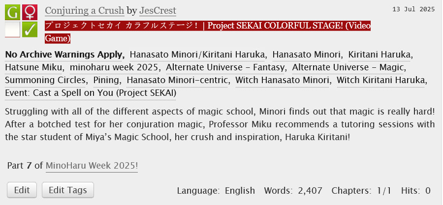 JesCrest's tweet image. Conjuring a Crush archiveofourown.org/works/67503571
And the final day of MinoHaru Week is upon us! It came quickly, but I had lots of fun along the way!
Today, I made an AU based off Cast a Spell on You!
Here's my contribution for Day 7: AU!
#MinoHaruWeek2025 #minoharu #ใฟใฎใฏใ