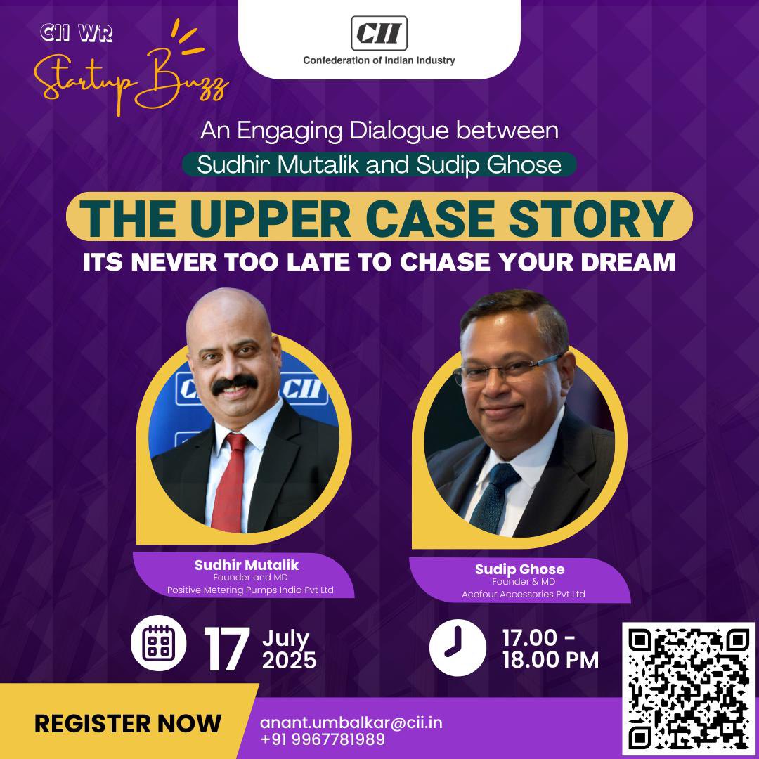 🌟 CII WR Startup BUZZ Series 🌟

🎤 The Upper Case Story: It's Never Too Late to Chase Your Dream
Join us for an inspiring session on resilience, reinvention, and startup grit!

🗓️ Date: 17 July 2025
🕔 Time: 5:00 PM
📍 Online Session 

🔹 Speaker:
Sudip Ghose
Founder &amp; MD,