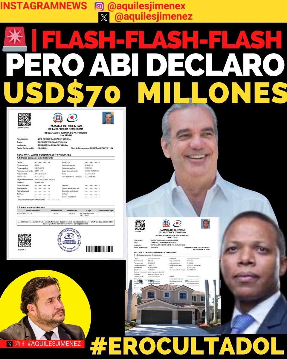 Aquiles Jimenez (@aquilesjimenez) on Twitter photo Luis Abinader <a href="/luisabinader/">Luis Abinader</a> declaró más de USD$70 millones de dólares.
Transparente, con fideicomiso y todo.
Milton Morrison <a href="/INTRANT_RD/">Instituto Nacional de Tránsito y Transporte</a> no pudo ni transparentar una casa en Miami de 1 millón.
¡Y dirige el Intrant!
Si eso no es descaro, ¿qué es?
Uno muestra todo, el otro Luis Abinader <a href="/luisabinader/">Luis Abinader</a> declaró más de USD$70 millones de dólares.
Transparente, con fideicomiso y todo.
Milton Morrison <a href="/INTRANT_RD/">Instituto Nacional de Tránsito y Transporte</a> no pudo ni transparentar una casa en Miami de 1 millón.
¡Y dirige el Intrant!
Si eso no es descaro, ¿qué es?
Uno muestra todo, el otro