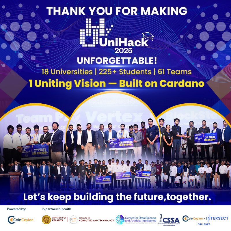 🇱🇰Thank you for making UniHack 2025 a historic success!
225+ students
61 teams
18 universities
🚀 All building on <a href="/Cardano/">Cardano Community</a>!
The energy, ideas, and passion were unforgettable.
More photos &amp; the official highlights video dropping soon! 🏆 
#UniHackSL25 #BuildonCardano #SriLanka