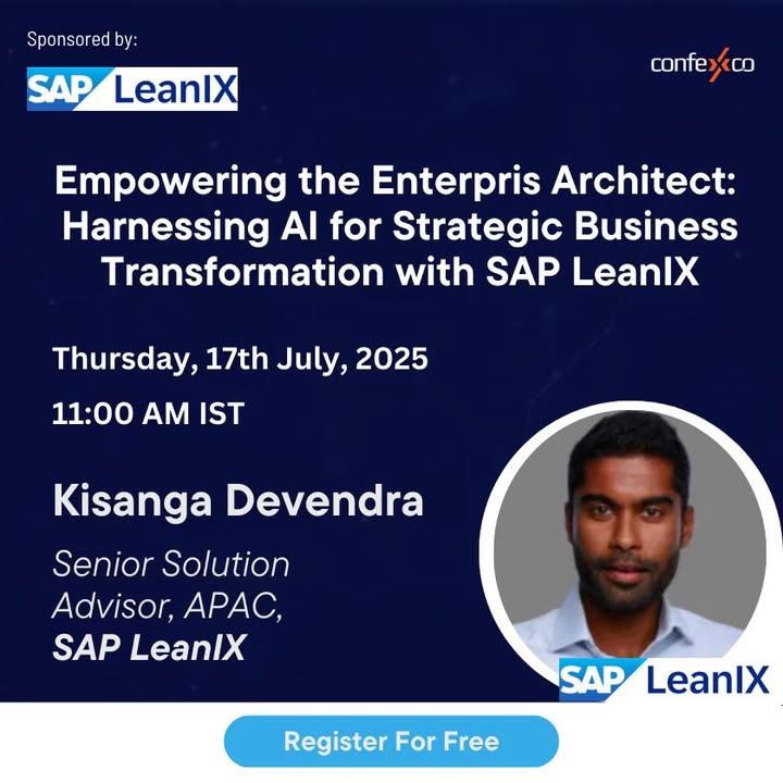 confexco's tweet photo. 🚀 Tired of disconnected data in Enterprise Architecture? Join Kisanga Devendra in our free webinar &amp; see how AI + SAP LeanIX unlock clarity &amp; smarter decisions. Don’t miss out! 👉 Register: https://t.co/KPHkj7x2AP #EA #AI #SAPLeanIX #Webinar https://t.co/fokpzyJbAT