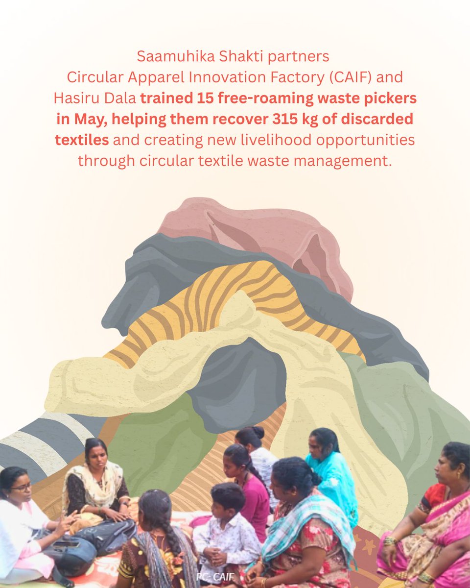 Saamuhika Shakti (@saamuhikashakti) on Twitter photo As part of Saamuhika Shakti, our partners <a href="/ApparelCircular/">Circular Apparel Innovations</a> and <a href="/Hasiru_Dala/">Hasiru Dala</a> joined hands to train 15 free-roaming waste pickers in May, equipping them with the skills to efficiently collect and manage textile waste.
Through this collaboration, 315 kg of discarded textiles were As part of Saamuhika Shakti, our partners <a href="/ApparelCircular/">Circular Apparel Innovations</a> and <a href="/Hasiru_Dala/">Hasiru Dala</a> joined hands to train 15 free-roaming waste pickers in May, equipping them with the skills to efficiently collect and manage textile waste.
Through this collaboration, 315 kg of discarded textiles were