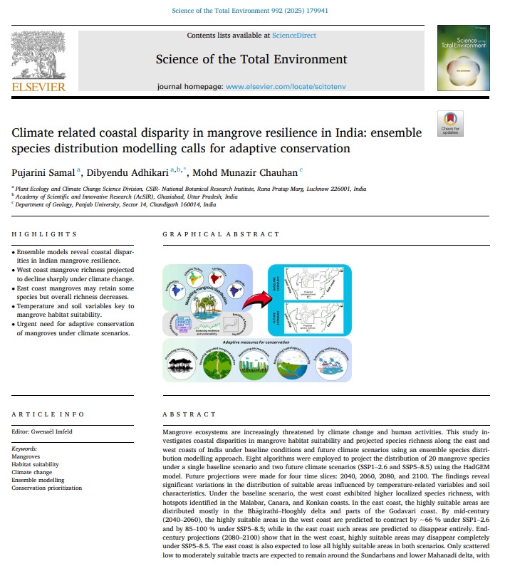 csirnbrilko's tweet image. Many Congratulations to Dr. Dibyendu Adhikari & team for the research article "Climate related coastal disparity in mangrove resilience in India: ensemble species .......... for adaptive conservation" published in 'Science of The Total Environment' (IF 8.0).
@akshasany