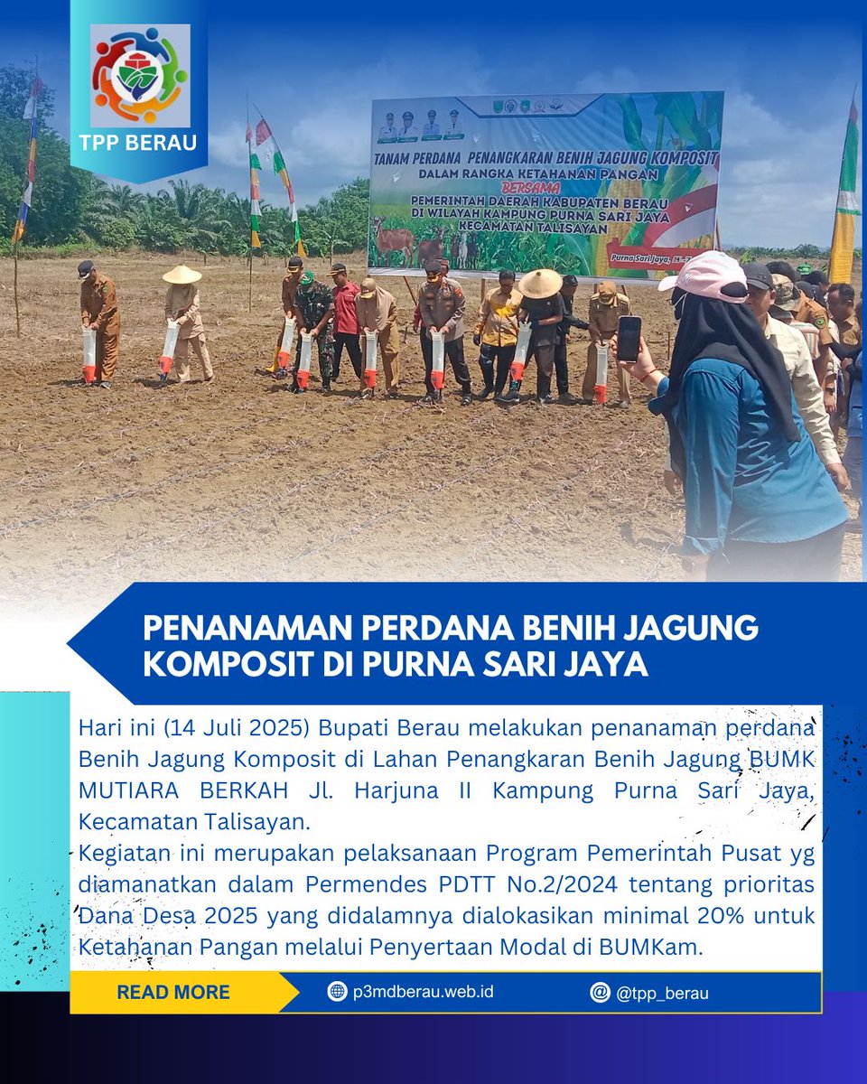 tpp_berau's tweet photo. Hari ini Bupati Berau melakukan penanaman perdana Benih Jagung Komposit di Lahan BUMK MUTIARA BERKAH Kampung Purna Sari Jaya, Kec. Talisayan.
.
#KetahananPanganDesa
#BUMDes
#tppprovkaltim
#tppberau
#tpphadiruntuksemuaDesa
#BangunDesaBangunIndonesia
#DesaTerdepanUntukIndonesia https://t.co/dMEgAYRjmQ