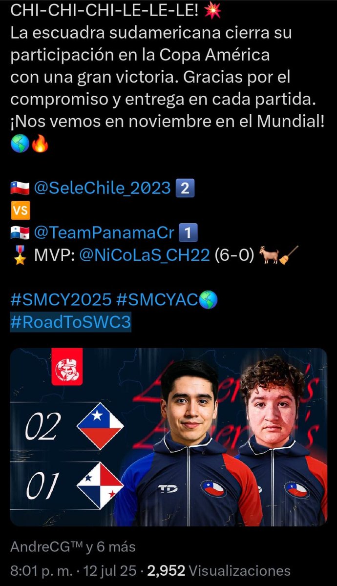 JOSUU!⚡ (@a_josuu) on Twitter photo Muy orgulloso de lo que fue mi participación en esta Copa América × <a href="/CR_Supremacy/">Supremacy League</a>. Satisfecho con mi rendimiento como jugador representando a 🇳🇮 <a href="/CrNicaragua/">Nicaragua Esports</a>, aportando al pase a playoffs a lo largo de la competencia, y también como deck picker de 🇨🇱 <a href="/SeleChile_2023/">Selección Chilena CR</a>, logrando la Muy orgulloso de lo que fue mi participación en esta Copa América × <a href="/CR_Supremacy/">Supremacy League</a>. Satisfecho con mi rendimiento como jugador representando a 🇳🇮 <a href="/CrNicaragua/">Nicaragua Esports</a>, aportando al pase a playoffs a lo largo de la competencia, y también como deck picker de 🇨🇱 <a href="/SeleChile_2023/">Selección Chilena CR</a>, logrando la