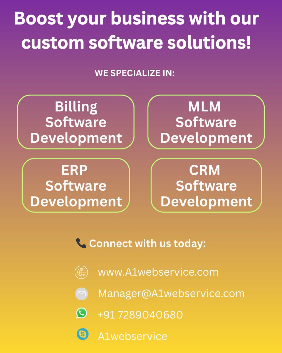 a1webservice's tweet image. 🚀 Transform your business with our expert software solutions! 

✅ ERP Software
✅ CRM Software relationships
✅ Billing Software
✅ MLM Software 

🌐 Visit: A1webservice.com
💻 #SoftwareDevelopment  #ERPSolutions #CRMSolutions #MLMSoftware #TechTrends2025 #InnovationHub