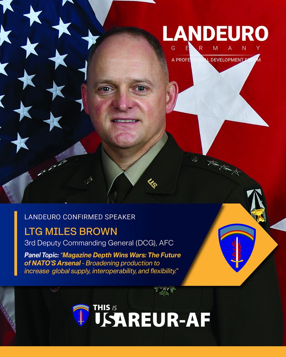 🚨 Speaker Spotlight 🚨 

Lessons from Ukraine show the vital need for sustained magazine depth &amp; rapid adaptation.
 
Don't miss Lt. Gen. Miles Brown on the #LANDEURO panel: "Magazine Depth Wins Wars: The Future of NATO’s Arsenal."

#ThisIsUSAREURAF | #WeAreNATO https://t.co/MZcqkeqIy9