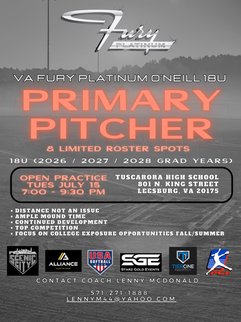 Fury Platinum Virginia (@furyplatinumva) on Twitter photo VA Fury Platinum O'Neill will hold an Open Practice Tuesday July 15th from 7:00 - 9:30 PM at Tuscarora High School (801 N King St, Leesburg VA)! Reach out to Coach Lenny McDonald at (571) 271-1888 / LennyM44@yahoo.com with any questions.
#platinumproud #openpractice VA Fury Platinum O'Neill will hold an Open Practice Tuesday July 15th from 7:00 - 9:30 PM at Tuscarora High School (801 N King St, Leesburg VA)! Reach out to Coach Lenny McDonald at (571) 271-1888 / LennyM44@yahoo.com with any questions.
#platinumproud #openpractice