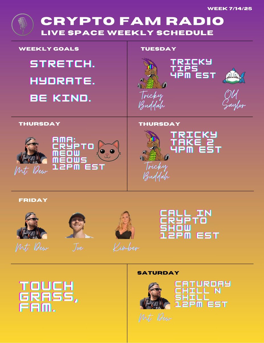🐯Weekly Live Space Schedule 7/14/25

CFR Space Hosts:

<a href="/justdewthedew/">Mt.Dew</a> 
<a href="/TrickysNFTs/">+TrickyBuddha.ETH</a> 
<a href="/hylandtakes/">Old🏴‍☠️Sailor</a> 
<a href="/CryptoKimber95/">Kimber</a> 
<a href="/JoeOnChain/">Joe</a>