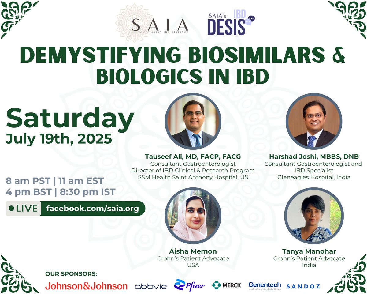🎥 LIVE this Saturday!
Join us for an engaging session: "Demystifying Biosimilars &amp; Biologics in IBD" – where expert voices meet real patient stories.

📅 July 19th, 2025
🕗 8 am PST | 11 am EST | 4 pm BST | 8:30 pm IST
📍 Streaming LIVE at facebook.com/saia.org

🇵🇰 Pakistan