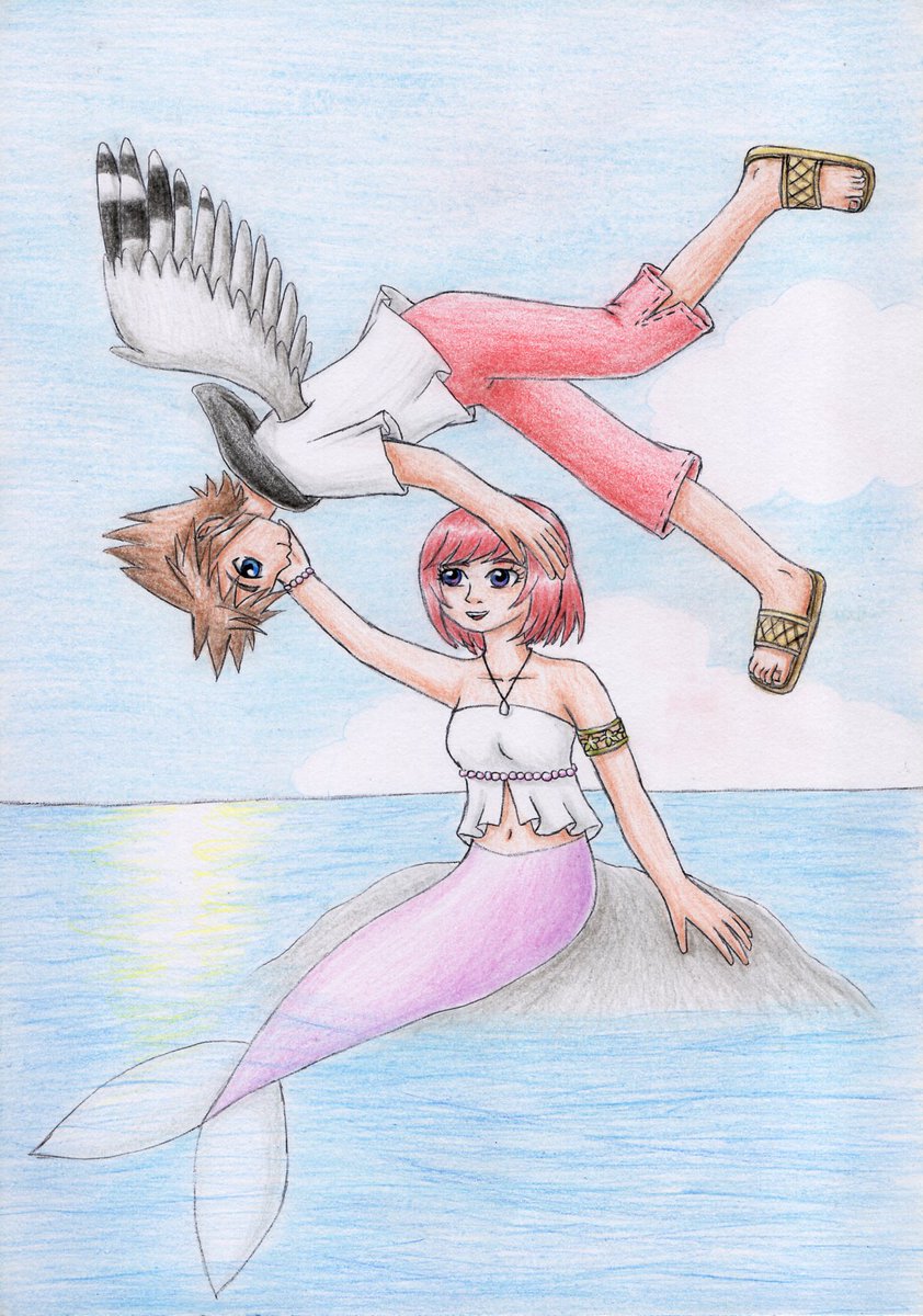 InsaneNorma's tweet image. Here’s some art for Sokai Week. ^v^
Sky meets sea. Sora with the wings of a Red-billed Gull and Kairi as a mermaid.
#sokaiweek2025  #sokai #kingdomhearts