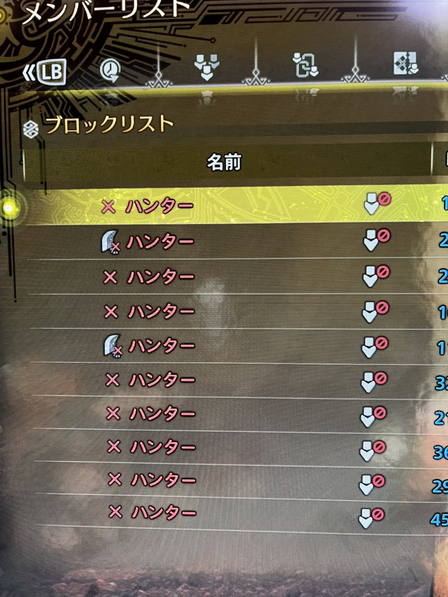 ワイルズのブロックリスト全員がハンターになるバグ早く直してくれ〜 ついでに枠が全然足りないから3倍に増やしてくれ…有料でもいい