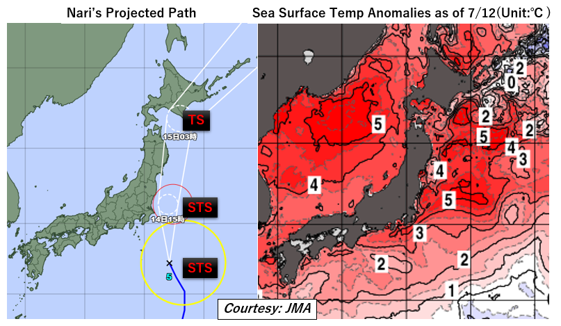 sayakasofiamori's tweet photo. Severe Tropical Storm #Nari is expected to narrowly miss central Japan, but may make its initial landfall on the northern island of Hokkaido as a TS thanks to the warm waters. Since 1951, only 6 named storms have made their first landfall on the island, making this a rare event https://t.co/2GGaziSKFq