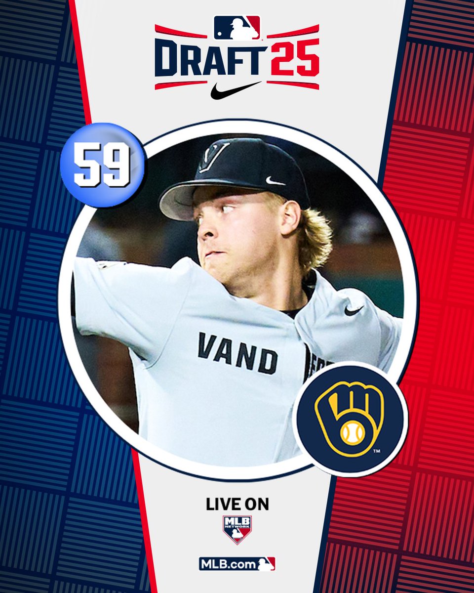 With the 59th pick in the 2025 Draft, the <a href="/Brewers/">Milwaukee Brewers</a> select <a href="/VandyBoys/">Vanderbilt Baseball</a> left-handed pitcher J.D. Thompson, No. 66 on the Top 250 Draft Prospects list.

Watch LIVE: atmlb.com/40jjQvg