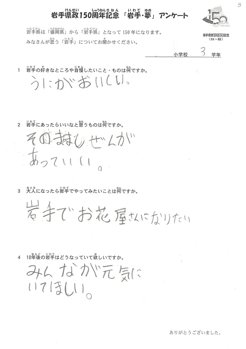 iwate150's tweet image. 岩手県政150周年記念「岩手・夢」アンケートに多くの反響をいただきありがとうございます🙇
引き続き、心がほっこり😊する子どもたちの夢や希望をご紹介します!