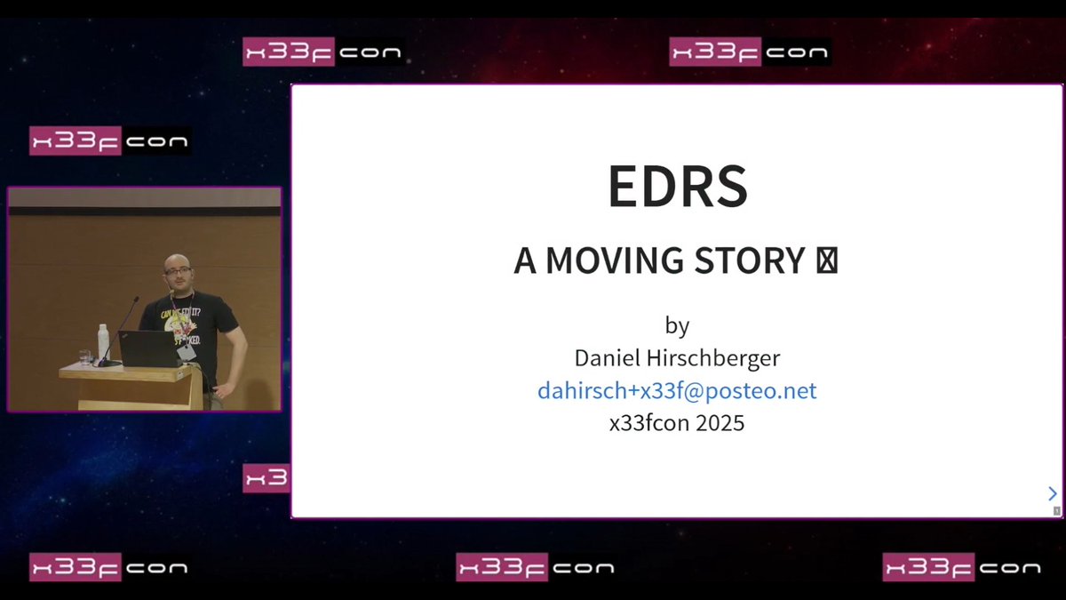 x33fcon's tweet image. #x33fcon 2025 lightning talks: Daniel Hirschberger - EDRS a moving story > youtu.be/f3z0f-dIU90