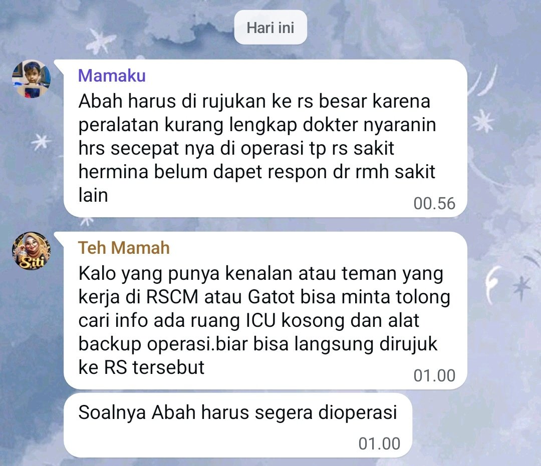 ada yang punya kenalan atau yg kerja di rspad gatot subroto? Mau nanya ada ruang ICU kosong apa engga karna abah harus di rujuk ke rs besar dan harus segera di operasi😭