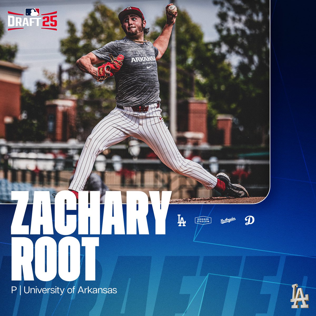 Dodgers's tweet photo. With the 40th and 41st pick of the MLB Draft, the Los Angeles Dodgers select pitcher Zachary Root and outfielder Charles Davalan from the University of Arkansas. https://t.co/u84vq5C4kL