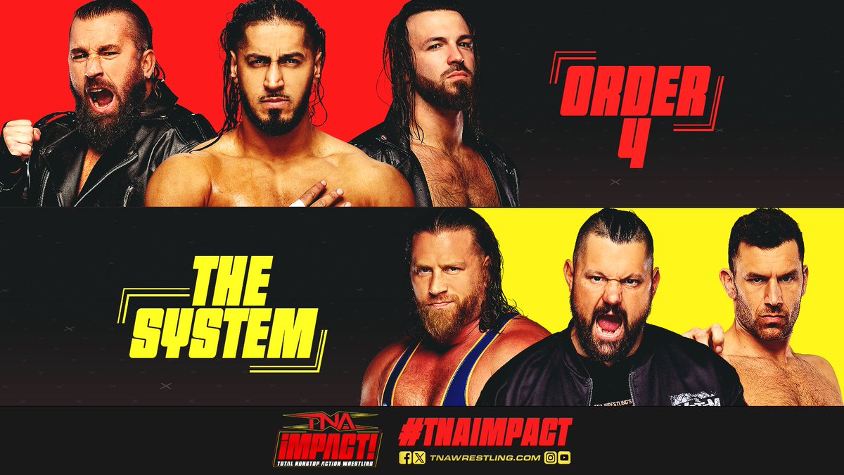 TNA Wrestling (@thisistna) on Twitter photo Order 4 face The System THURSDAY at 8/7c on TNA+, YouTube and <a href="/Sportsnet/">Sportsnet</a> 360 and 9pm ET on <a href="/AXSTV/">AXS TV</a>.
<a href="/TheJohnSkyler/">Skyzz</a> <a href="/MustafaAli_X/">Mustafa Ali</a> <a href="/TheJasonHotch/">Jason Hotch</a> <a href="/Myers_Wrestling/">Brian Myers</a> <a href="/TheEddieEdwards/">Edward Edwards</a> <a href="/DirtyDangoCurty/">Dango</a>
#TNAiMPACT Order 4 face The System THURSDAY at 8/7c on TNA+, YouTube and <a href="/Sportsnet/">Sportsnet</a> 360 and 9pm ET on <a href="/AXSTV/">AXS TV</a>.
<a href="/TheJohnSkyler/">Skyzz</a> <a href="/MustafaAli_X/">Mustafa Ali</a> <a href="/TheJasonHotch/">Jason Hotch</a> <a href="/Myers_Wrestling/">Brian Myers</a> <a href="/TheEddieEdwards/">Edward Edwards</a> <a href="/DirtyDangoCurty/">Dango</a>
#TNAiMPACT