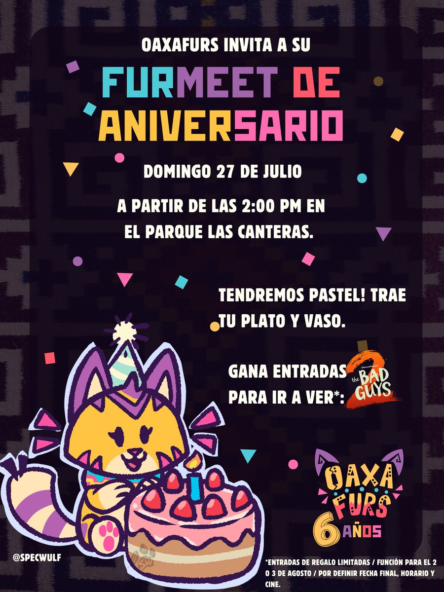 Estamos listos para nuestro 6° Aniversario  🎉6️⃣🍰
Acompáñanos este próximo 27 de Julio a este pequeño festejo en el parque las canteras.

Tendremos dinámicas donde podrás ganar diferentes premios entre ellos boletos para el estreno de los Tipos malos 2* 🎬🐺

Te Esperamos!