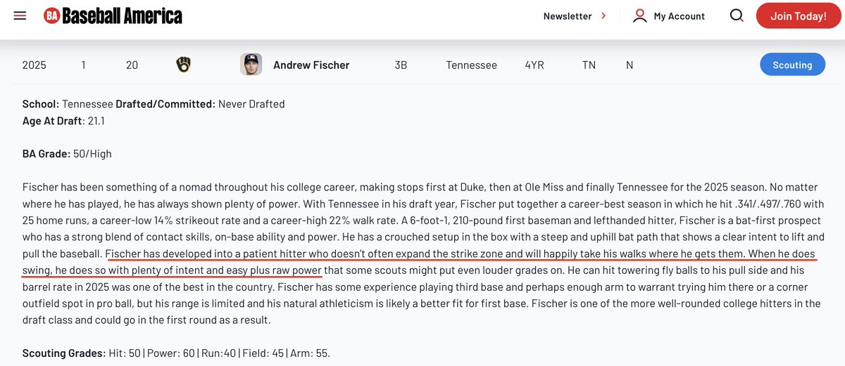 DrFadde's tweet image. Baseball America profile of MLB Draft #20 ... college hitter that developed into a patient hitter. #PitchRecognition
