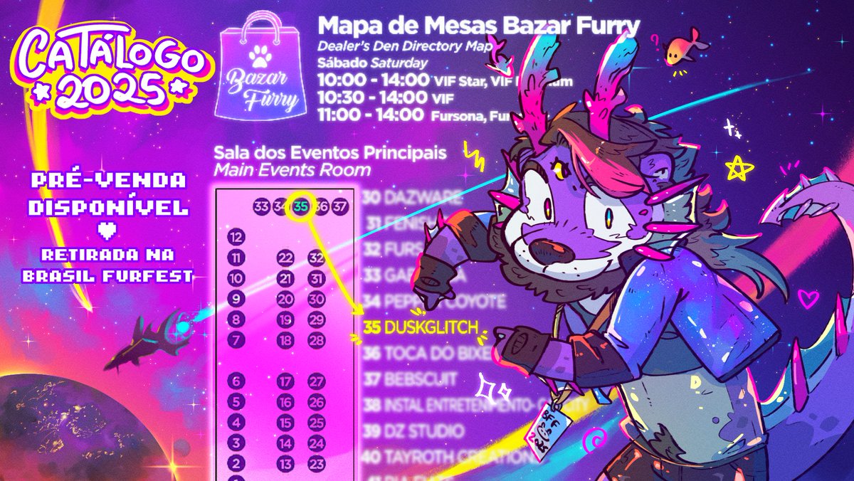 duskglitch's tweet image. 🌟Catálogo Brasil Furfest 2025🌟
A Nave GLITCH está pronta para aterrissar na BFF 2025!
🌙Estarei na mesa 35 (Salão dos Eventos Principais)
💫Pré-venda disponível! Até o dia 16/07
⭐️Me contate por DM para reservar. (Retirada no dia do bazar — 19/07)
💵Pagamento: Pix ou crédito