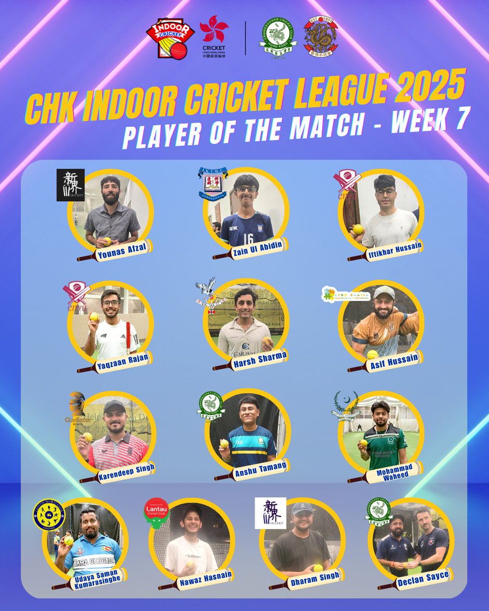 Let’s review and applaud the Player of the Match from Week 7 of the CHK Indoor League 2025! 👏

🔥Keep an eye on our social media accounts for more updates and information.

#HKcricket #cricket #CHKIndoorLeague2025 #CHKLeague