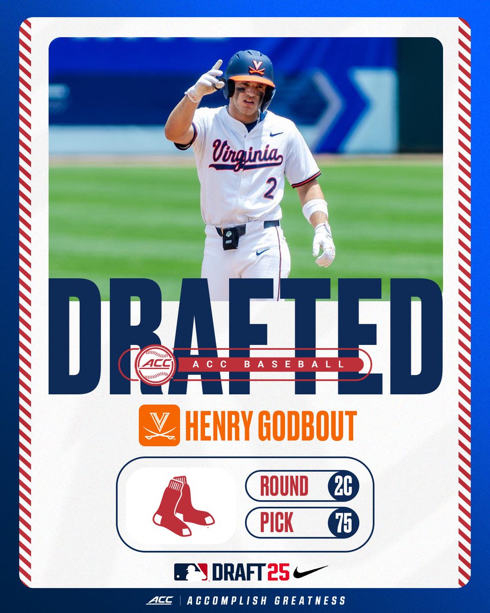 ACCBaseball's tweet image. 𝗗𝗥𝗔𝗙𝗧𝗘𝗗 ☑️
With the 75th pick of the 2025 #MLBDraft, the @RedSox select Henry Godbout.
