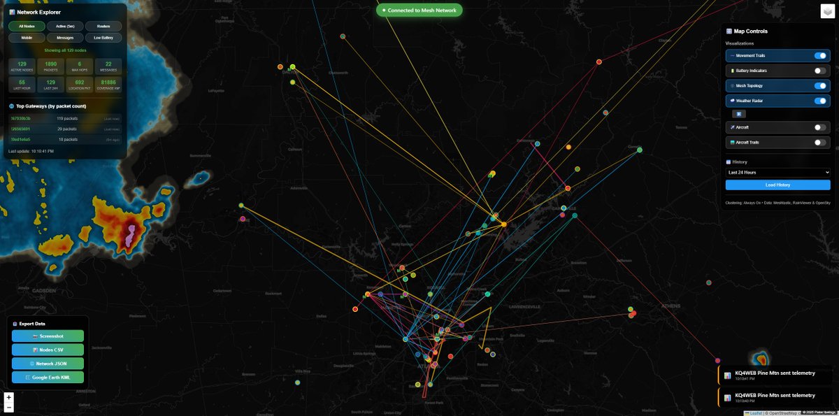 The @mestastic web app is getting more and more complicated. Now tracking movement, routes, packet counts from each gateway, messages, rain, airplanes, Tesla super chargers, Buc-ees locations and more.