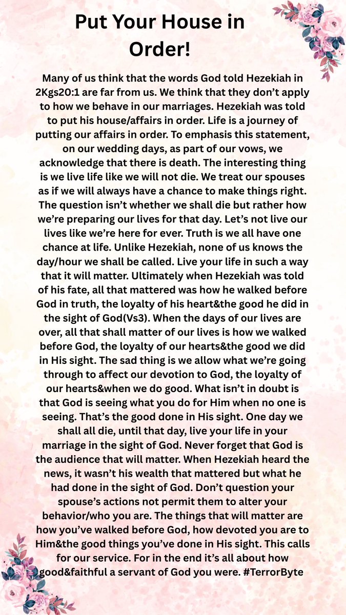 kamuteera's tweet image. Live your life in such a way that it will matter. When Hezekiah was faced with death what ultimately mattered was his walk with God, his loyalty&amp;amp;the good he did in His sight. God remains the only audience that will matter at the end of your life. Live for His glory. #TerrorByte