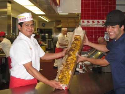 Fun Fact: On Halloween 2004, a customer placed an In-N-Out order for a 100x100 burger (100 patties and 100 slices of cheese), which cost $97.66 and contained 19,490 calories. Due to this order, the company now limits orders to a maximum of 4x4 burgers