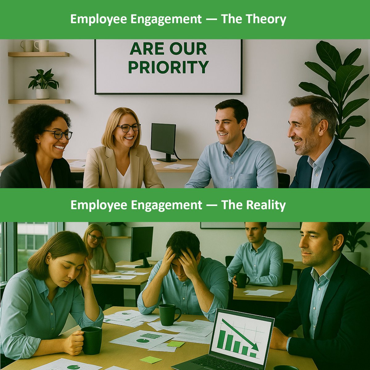 SxStrategy's tweet photo. Employee Engagement: The Theory vs. The Reality. 

We talk about prioritizing our people, but sometimes the daily grind tells a different story!

Checkout out more free resources on Strategy Execution on our website: https://t.co/K6p9HWo9WQ

#strategyexecution #management https://t.co/lb2zp2whtl