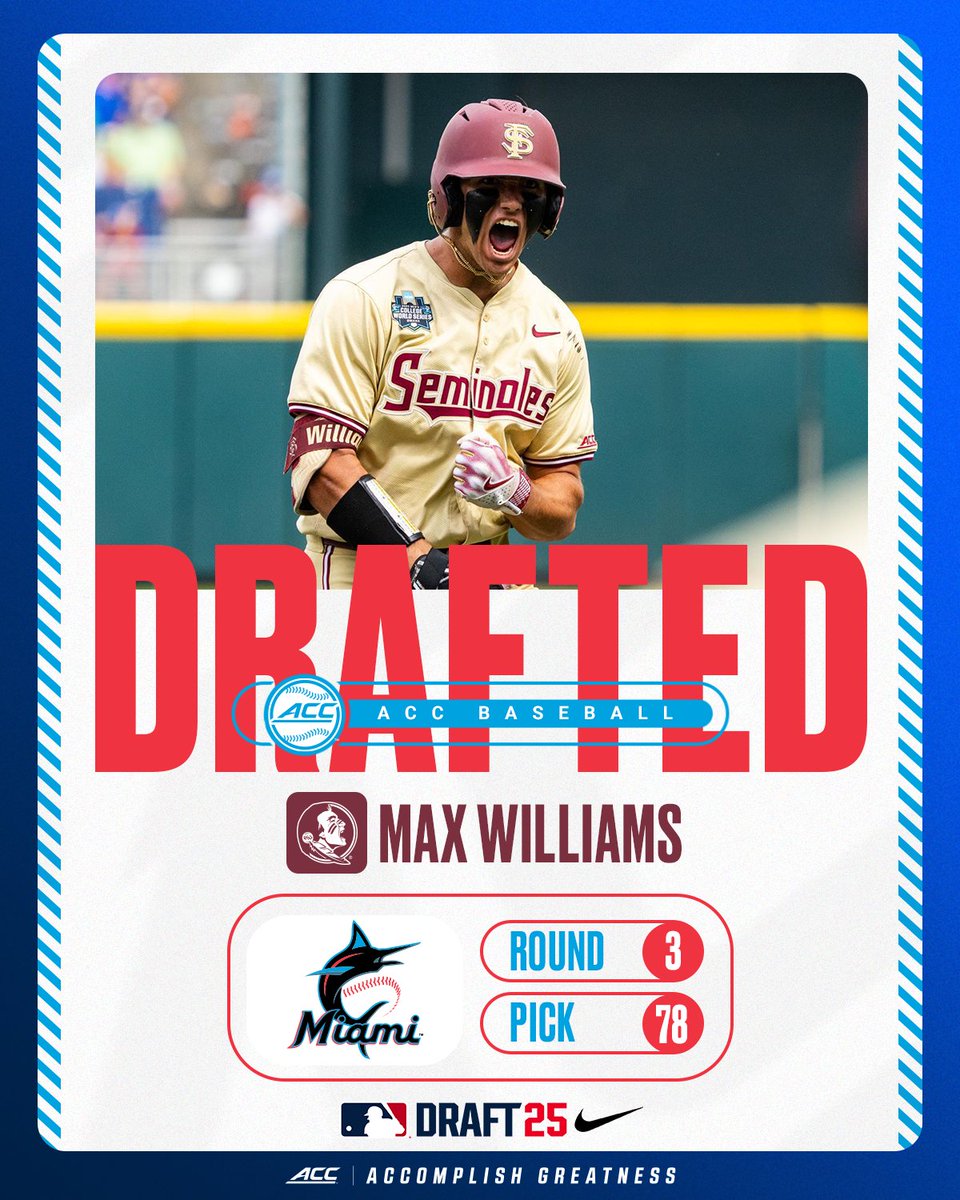 ACCBaseball's tweet image. 𝗗𝗥𝗔𝗙𝗧𝗘𝗗 ☑️
With the 78th pick of the 2025 #MLBDraft, the @Marlins select Max Williams.
