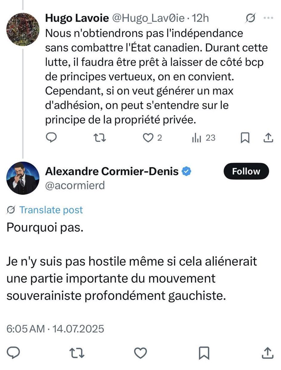 jfrcaron's tweet image. En démocratie libérale, le droit à la propriété est un principe sacré.
Pour les souverainistes, c’est un principe dont on peut discuter. Bref, un compromis raisonnable.
Ça en dit long sur la nature de leur projet.
Let em talk.
.
