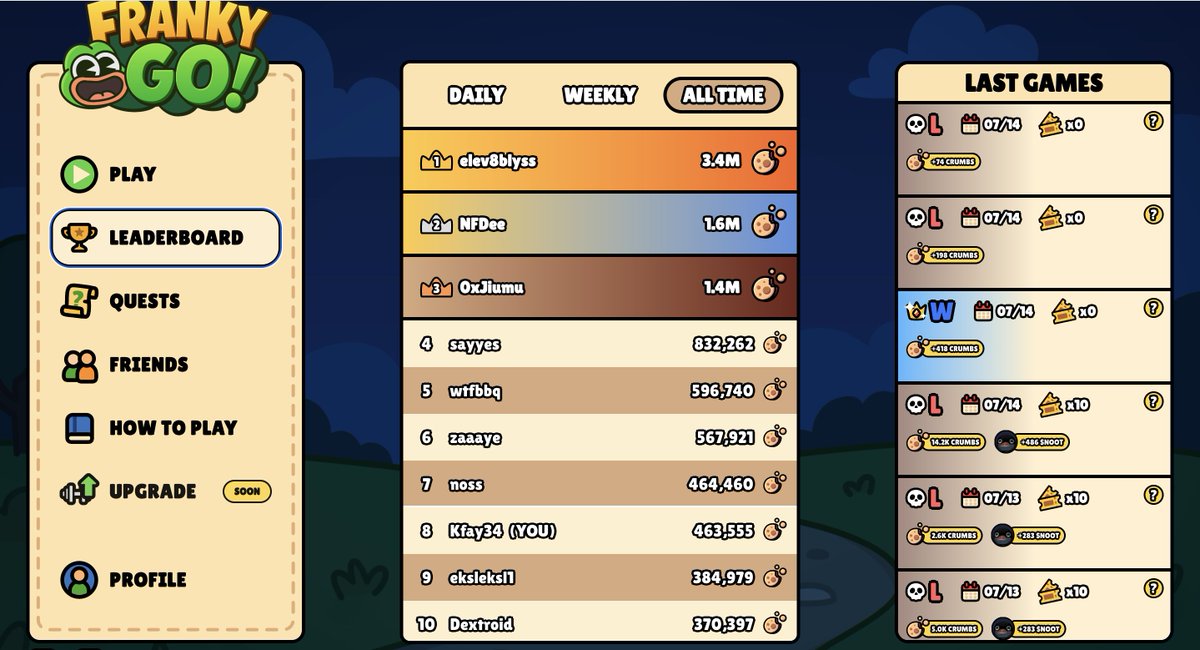 Season 1 for Franky Go by <a href="/frankythefrog/">Franky's Dinner</a> is officially over.  Had a great time competing and collecting crumbs.  Happy to finish 8th.  Perfect game for <a href="/AbstractChain/">Abstract</a> , the meme inclusion was so much fun!! Looking forward to seeing what upgrades will be available for crumbs.